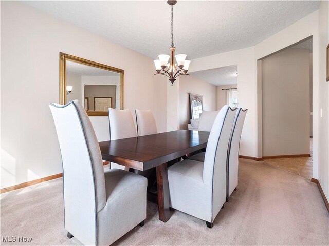 dining room featuring light carpet, a textured ceiling, and baseboards