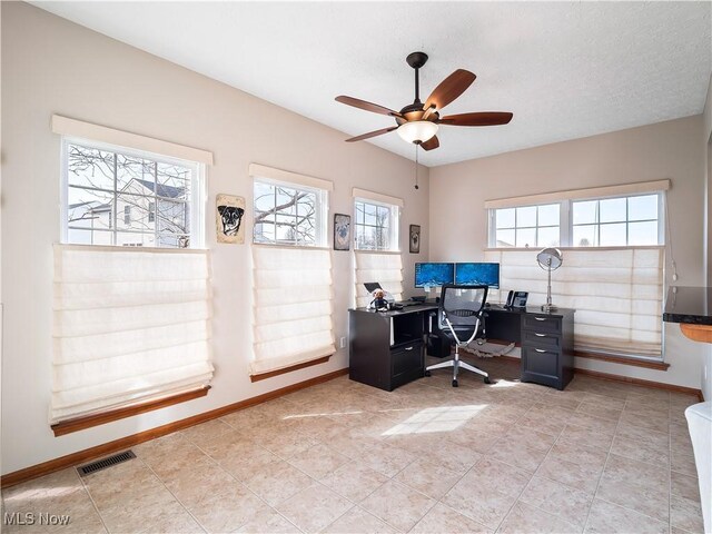 office area featuring a ceiling fan, baseboards, visible vents, and a textured ceiling