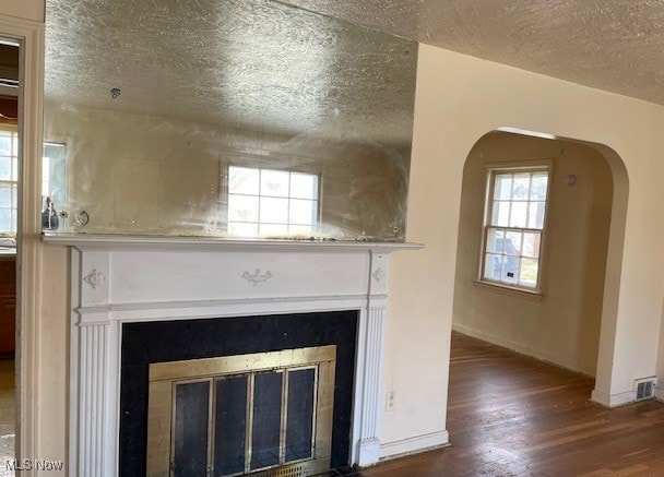 details with wood finished floors, visible vents, a fireplace with flush hearth, arched walkways, and a textured ceiling