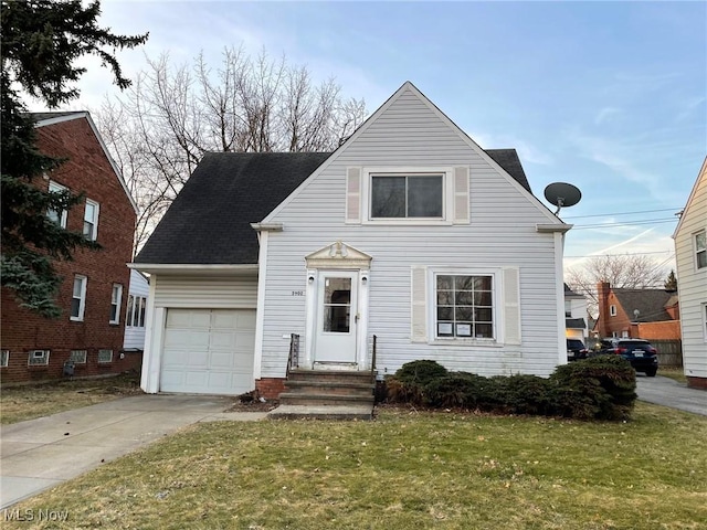 view of front of home with driveway, an attached garage, a front yard, and roof with shingles