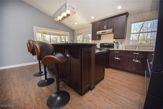 kitchen with range with gas stovetop, a breakfast bar, lofted ceiling, light wood-style flooring, and under cabinet range hood