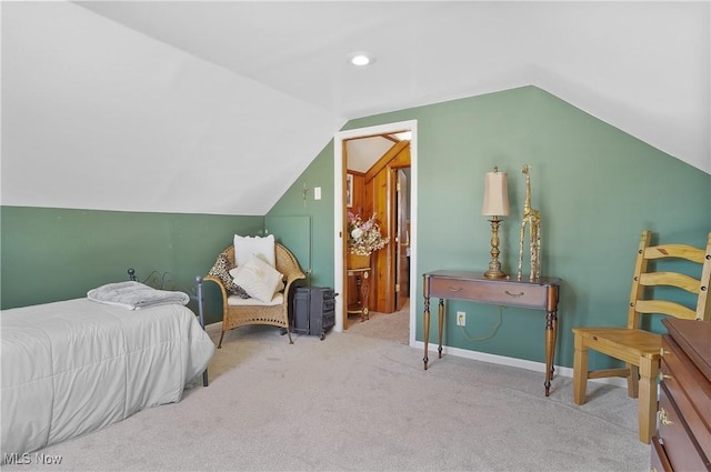 carpeted bedroom featuring recessed lighting, baseboards, and lofted ceiling