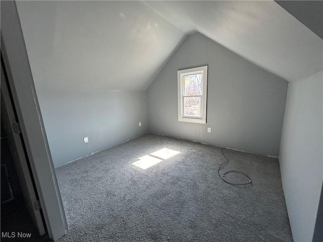 additional living space featuring vaulted ceiling and carpet flooring