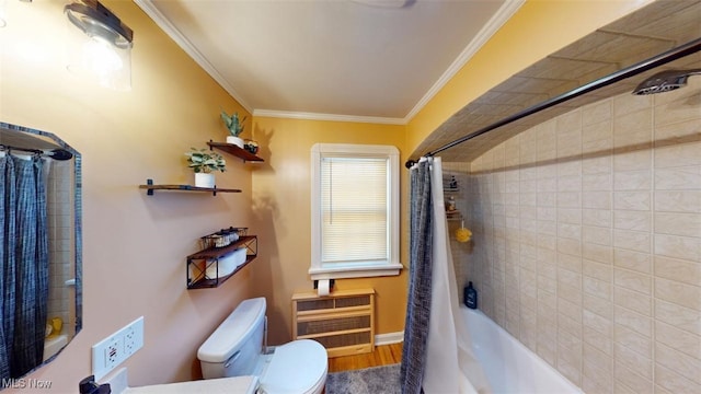 bathroom with toilet, shower / bath combo with shower curtain, ornamental molding, wood finished floors, and heating unit