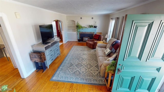 living area with a fireplace with flush hearth, light wood finished floors, and ornamental molding