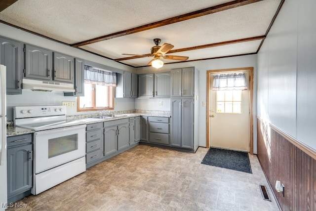 kitchen with visible vents, gray cabinets, under cabinet range hood, white electric stove, and light countertops