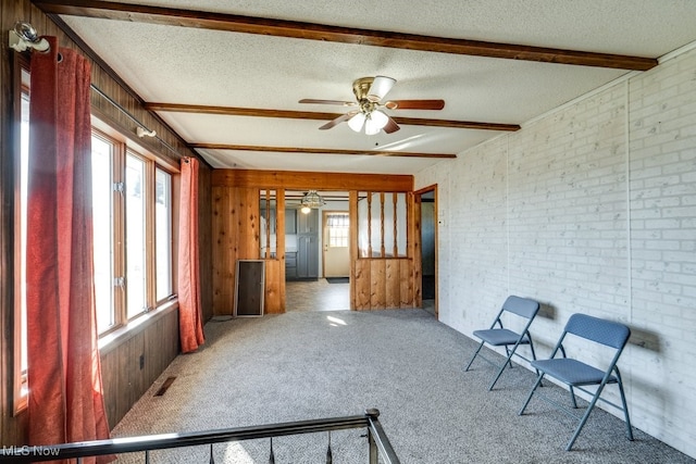 interior space with beamed ceiling, carpet flooring, plenty of natural light, and a textured ceiling