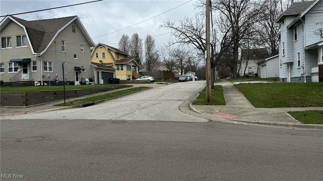 view of road featuring a residential view, curbs, and sidewalks