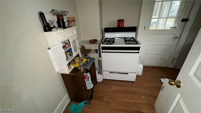 kitchen featuring white gas range and wood finished floors