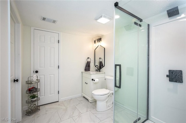 bathroom with visible vents, toilet, a stall shower, marble finish floor, and vanity