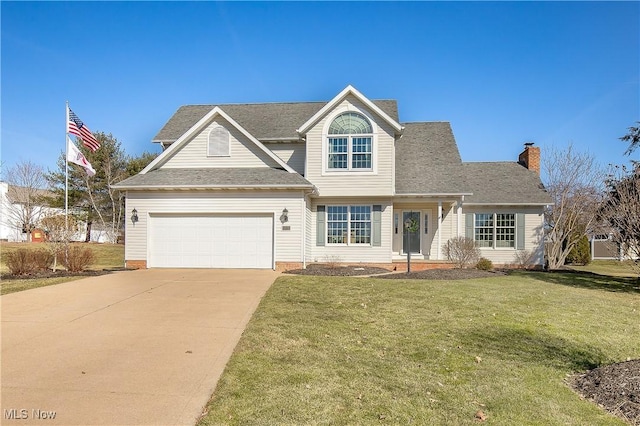 view of front of house featuring a front yard, a garage, driveway, and a chimney