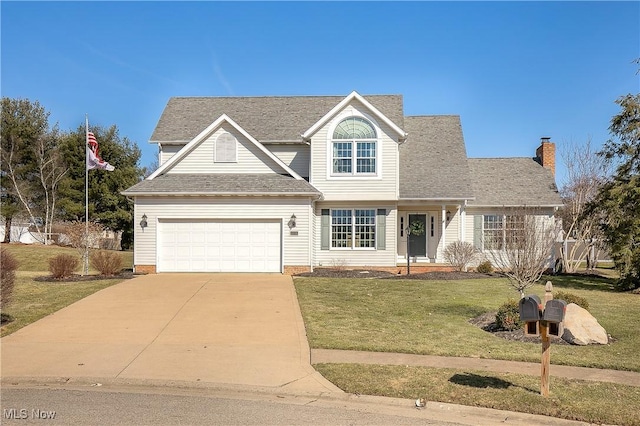 traditional-style house featuring a shingled roof, a chimney, a front lawn, concrete driveway, and a garage