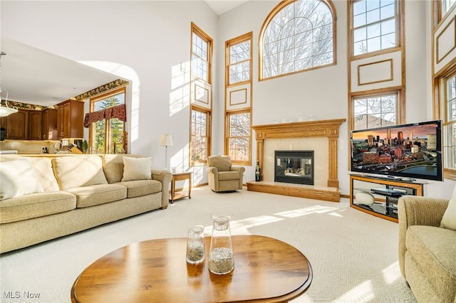 living area with a glass covered fireplace, a high ceiling, and carpet