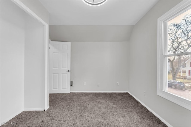 interior space with lofted ceiling, plenty of natural light, carpet, and baseboards