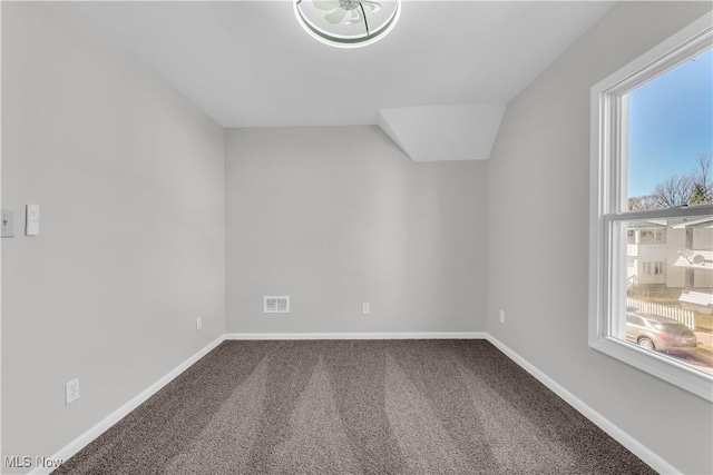 additional living space with baseboards, carpet floors, and visible vents