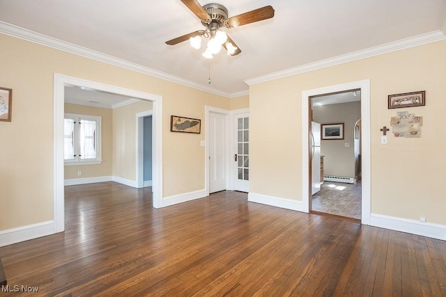 unfurnished room featuring a baseboard radiator, baseboards, and dark wood-style flooring