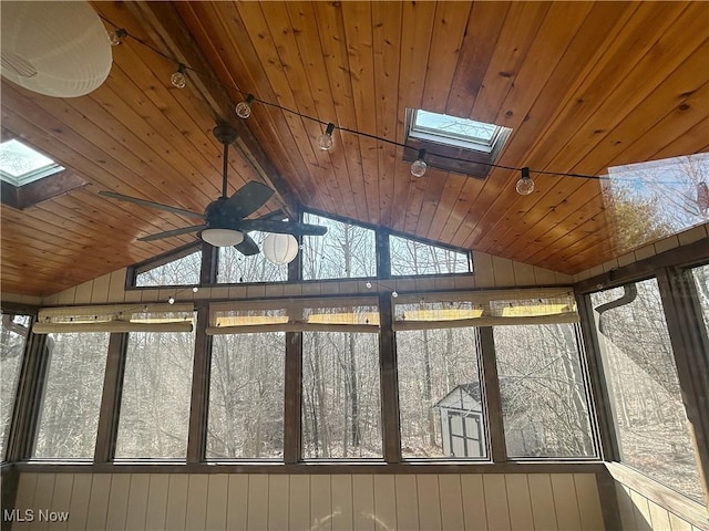 unfurnished sunroom featuring vaulted ceiling with skylight, wooden ceiling, and a ceiling fan