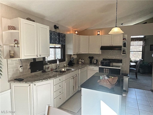 kitchen with electric stove, under cabinet range hood, open shelves, a sink, and white cabinetry