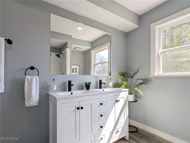 bathroom with a sink, baseboards, wood finished floors, and double vanity