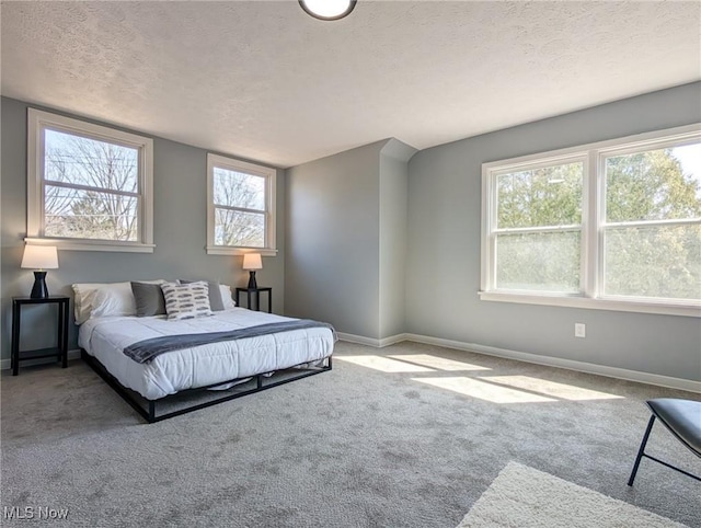 carpeted bedroom featuring lofted ceiling, multiple windows, baseboards, and a textured ceiling