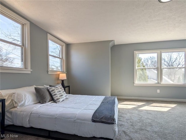 carpeted bedroom with baseboards, multiple windows, and a textured ceiling