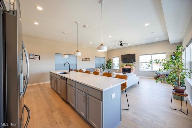 kitchen featuring gray cabinetry, light wood-style floors, appliances with stainless steel finishes, and a sink