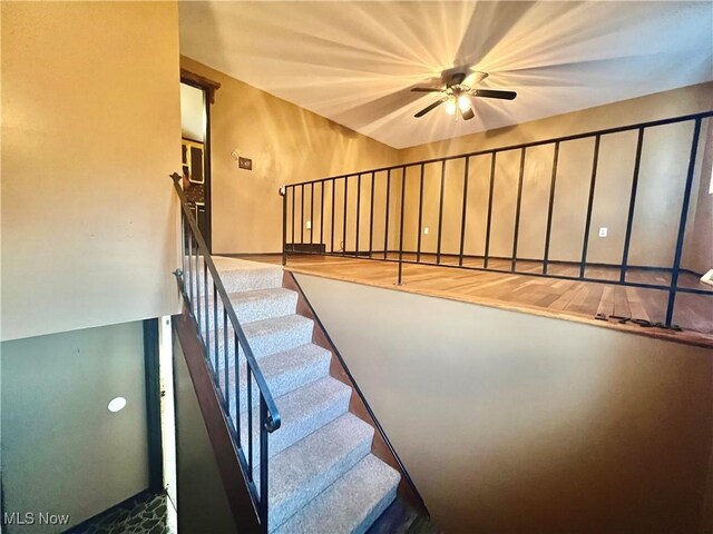 stairway with a ceiling fan