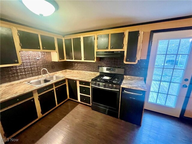 kitchen featuring stainless steel gas stove, a healthy amount of sunlight, under cabinet range hood, and a sink