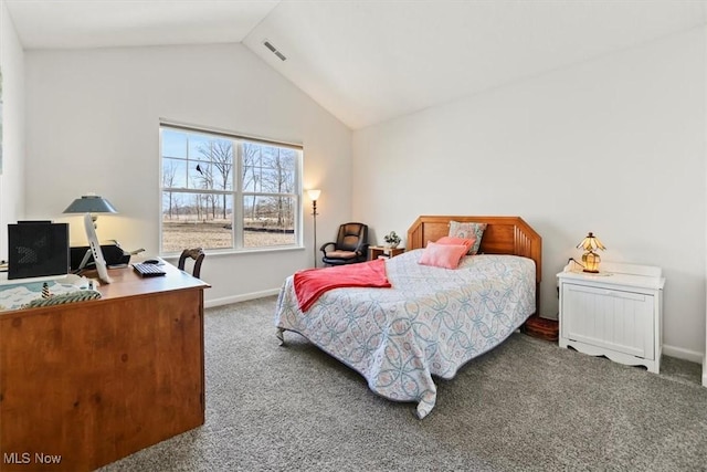 bedroom with baseboards, visible vents, lofted ceiling, and carpet floors