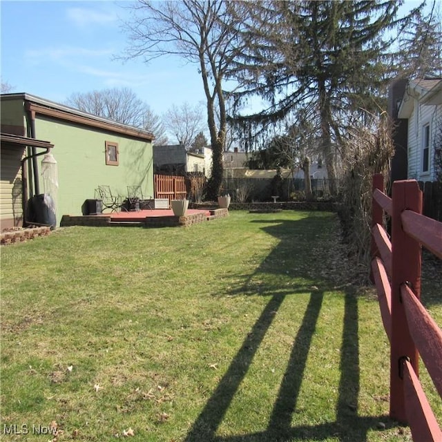 view of yard with a deck and a fenced backyard