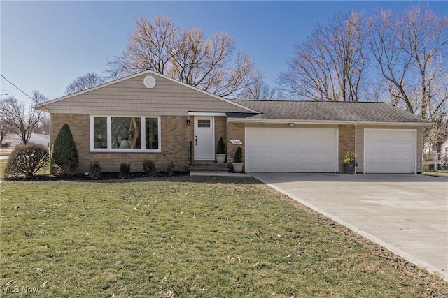 ranch-style home with a front lawn, an attached garage, brick siding, and driveway