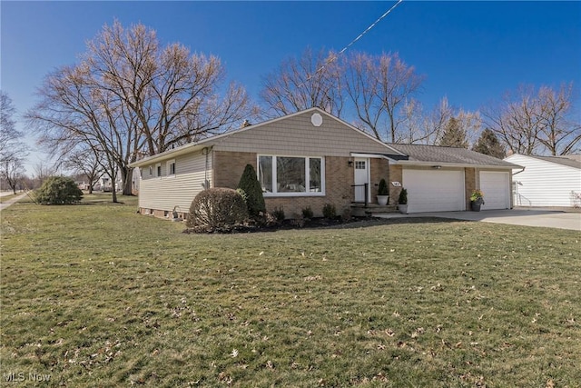 ranch-style house featuring brick siding, driveway, a front yard, and a garage