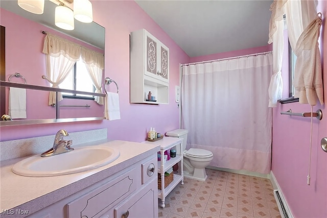 bathroom with a baseboard radiator, toilet, vanity, and shower / bath combination with curtain