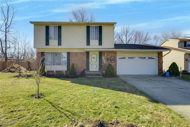 view of front of house with a garage, brick siding, concrete driveway, and a front lawn