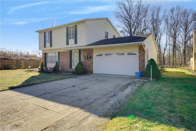 view of front facade with concrete driveway, an attached garage, brick siding, and a front yard