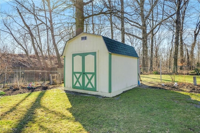 view of shed with a fenced backyard