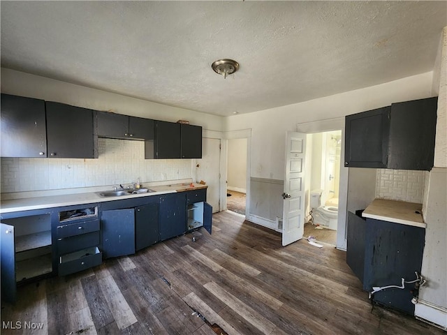 kitchen with light countertops, tasteful backsplash, dark wood-style flooring, and a sink