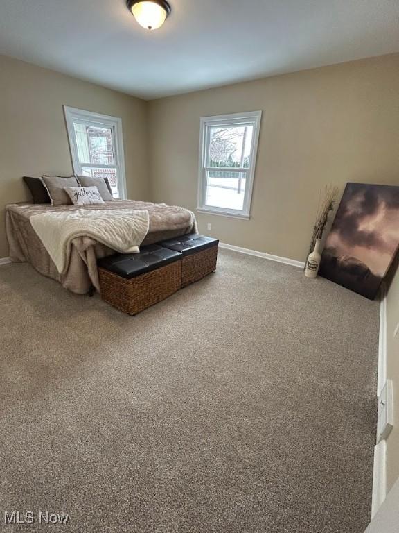 carpeted bedroom with multiple windows and baseboards