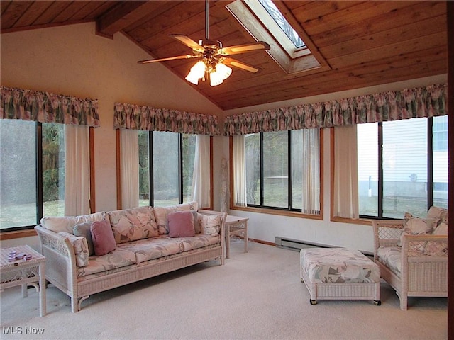 living area featuring wood ceiling, vaulted ceiling with skylight, carpet, and a baseboard radiator