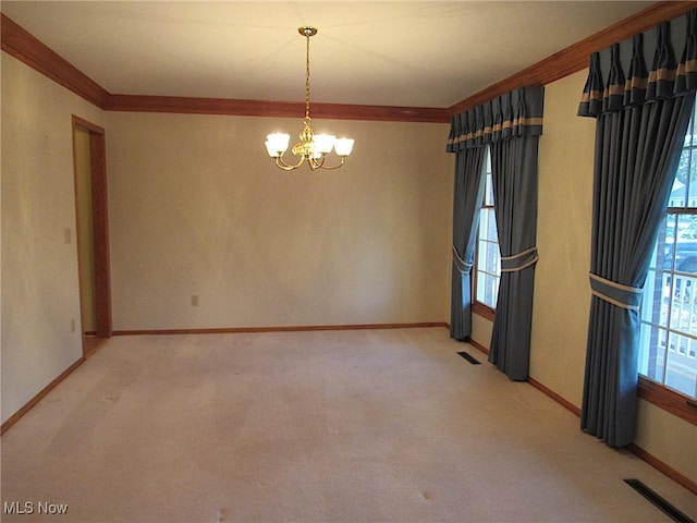 unfurnished room featuring light colored carpet, baseboards, a notable chandelier, and ornamental molding