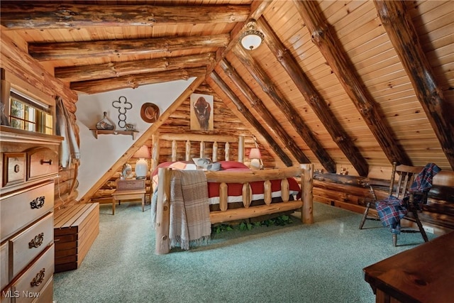 unfurnished bedroom featuring lofted ceiling with beams, wooden ceiling, and carpet flooring