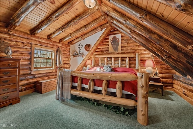 bedroom featuring carpet flooring, wooden ceiling, and lofted ceiling with beams