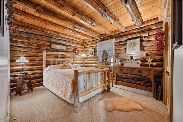 bedroom featuring beam ceiling, wood ceiling, and carpet