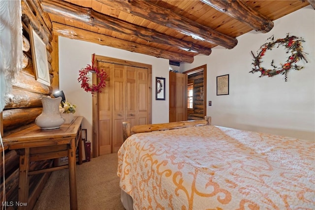 carpeted bedroom with beam ceiling, wood ceiling, log walls, and a closet