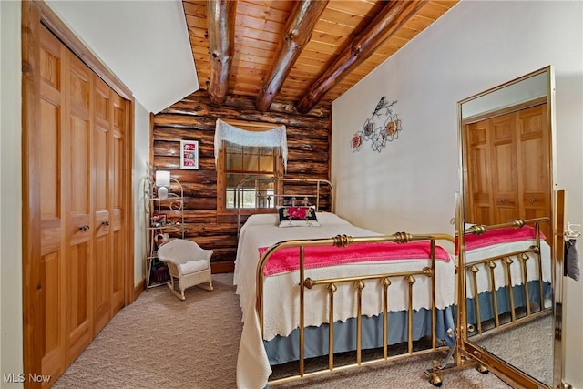 carpeted bedroom with wooden ceiling and beamed ceiling