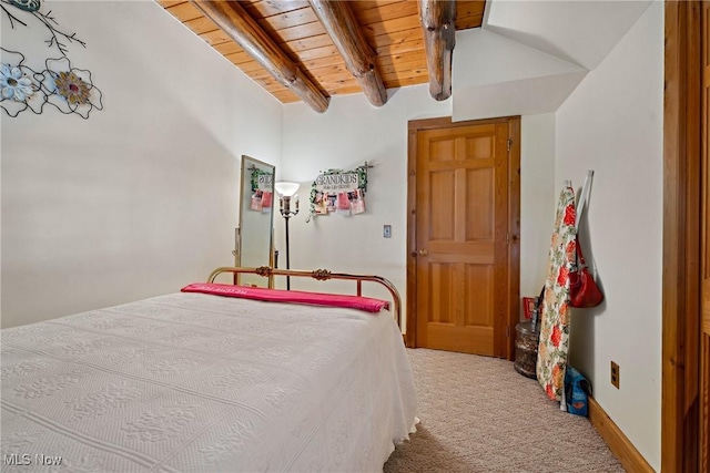 carpeted bedroom featuring wooden ceiling and vaulted ceiling with beams