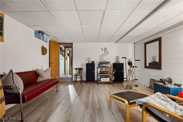 living area with concrete block wall, light wood-style floors, and a drop ceiling