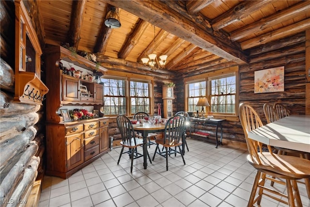 dining room featuring rustic walls, an inviting chandelier, wooden ceiling, light tile patterned floors, and vaulted ceiling with beams