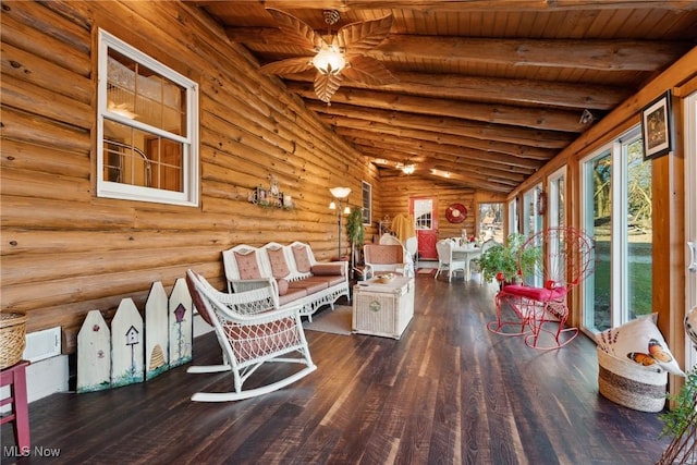 unfurnished sunroom with wooden ceiling and vaulted ceiling with beams