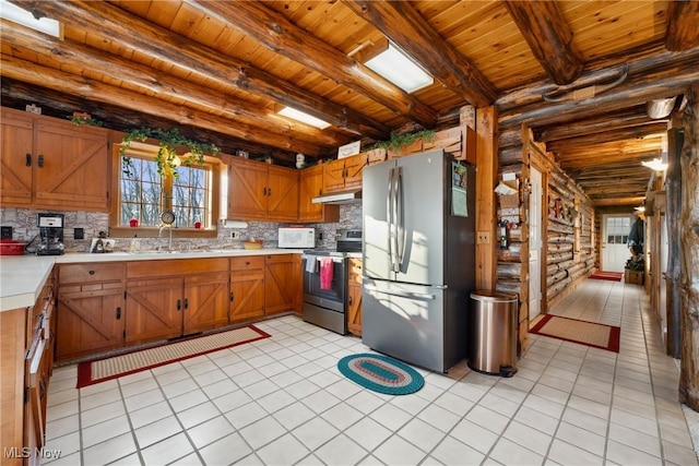 kitchen featuring under cabinet range hood, a sink, stainless steel appliances, light countertops, and wood ceiling